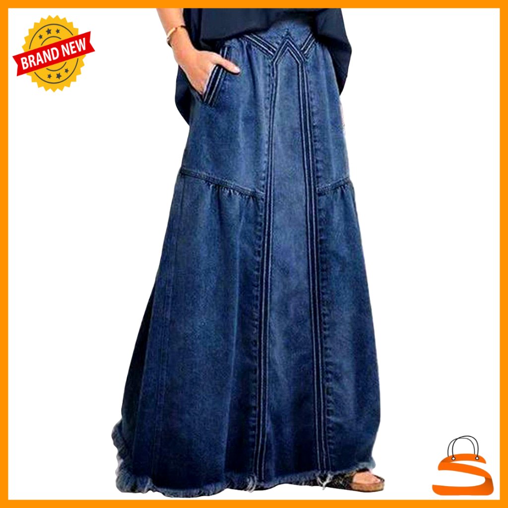 Distressed Denim Maxi Skirt With Elastic Waist And Pockets